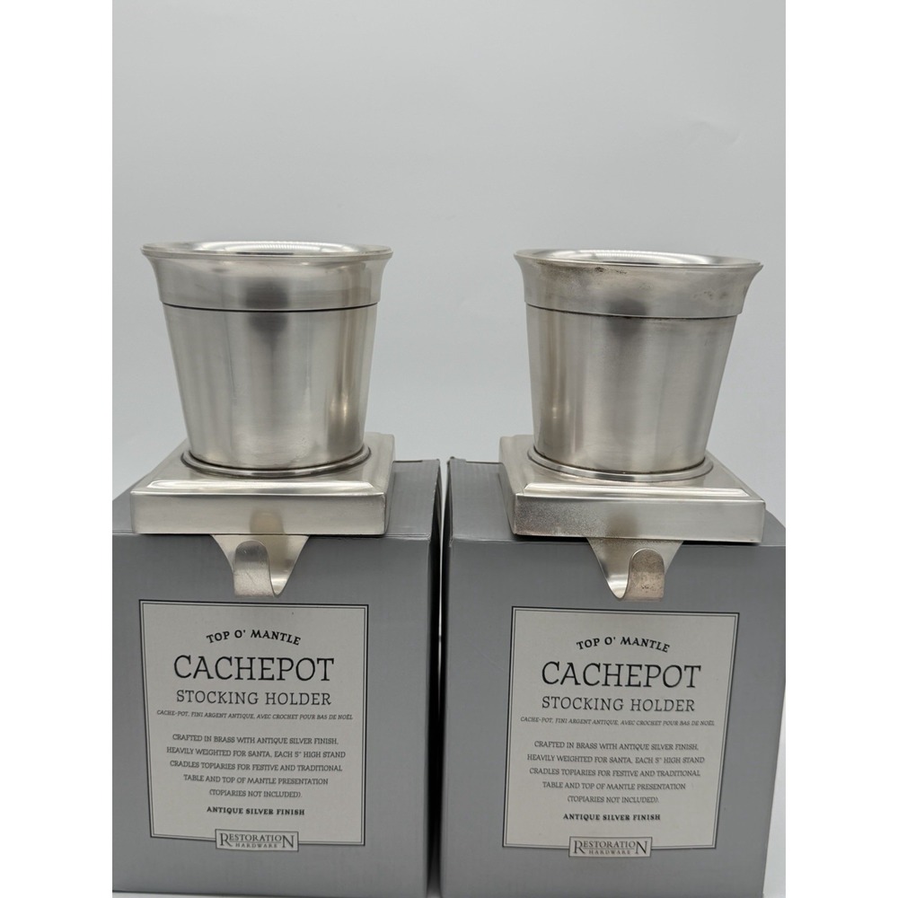 Vintage Restoration Hardware Silver Top O' Mantle Cachepot Stocking Holders Two